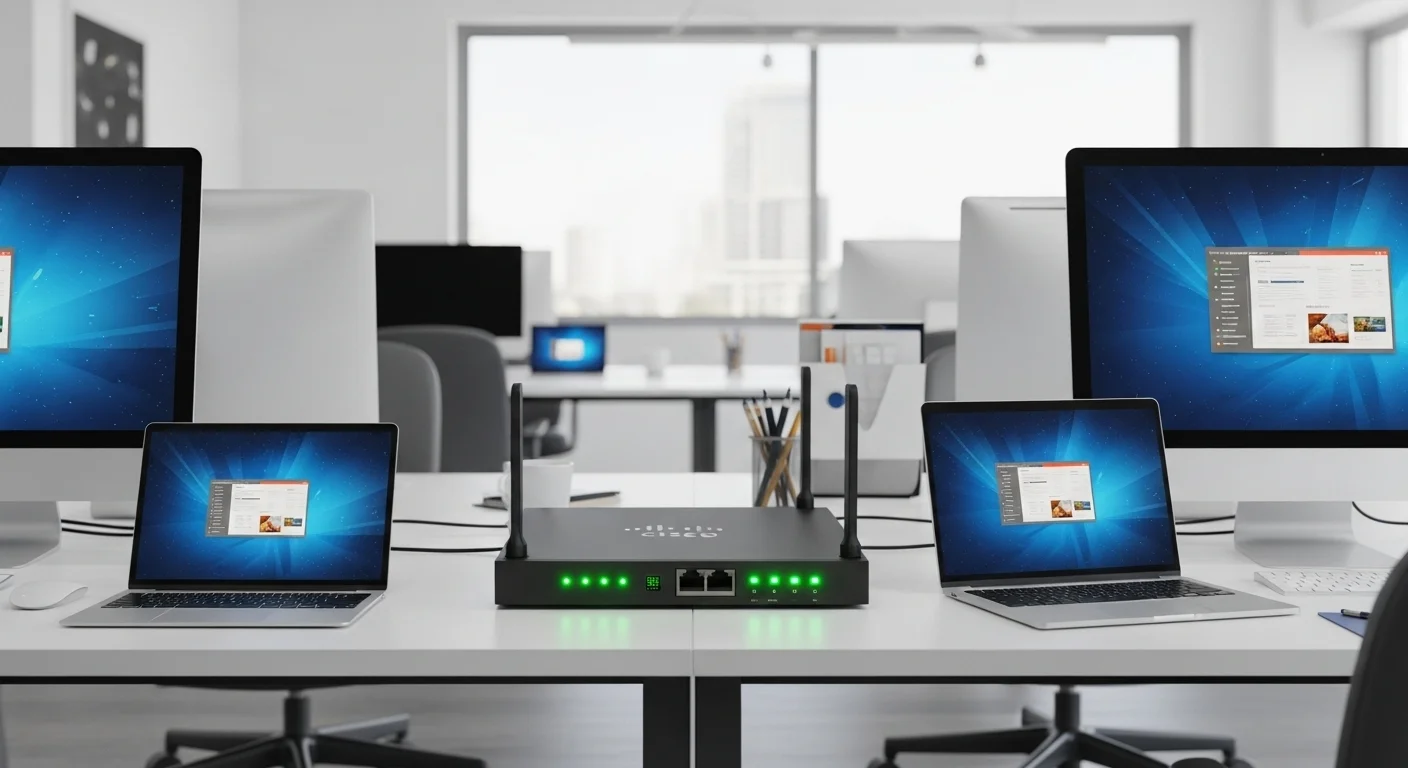 Un modem Cisco con luces de estado verdes, conectado a varias computadoras de escritorio y laptops en una oficina moderna y luminosa.