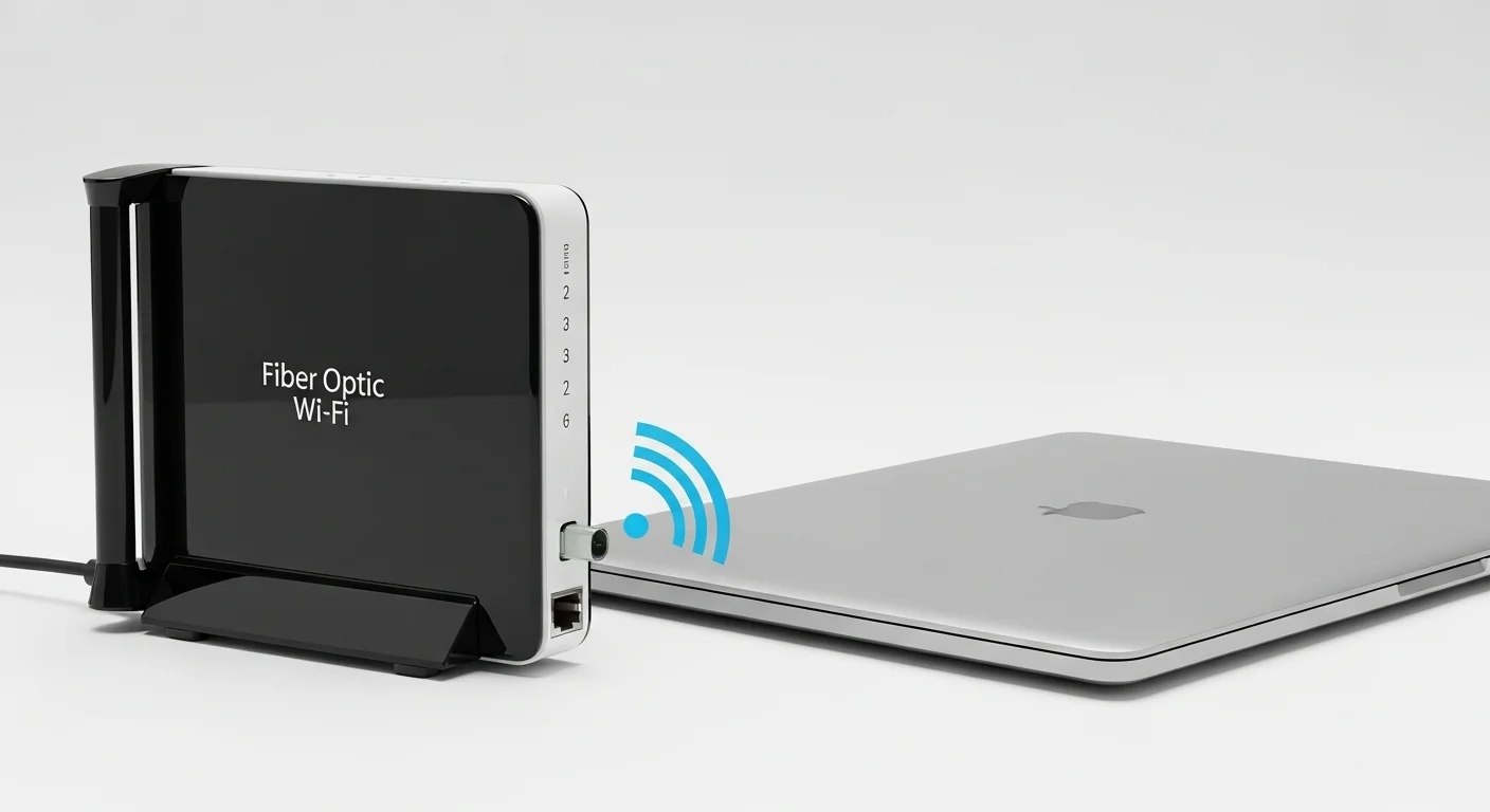 Un moderno modem Wi-Fi de fibra óptica junto a una laptop, simbolizando la conexión de las computadoras a Internet de alta velocidad.