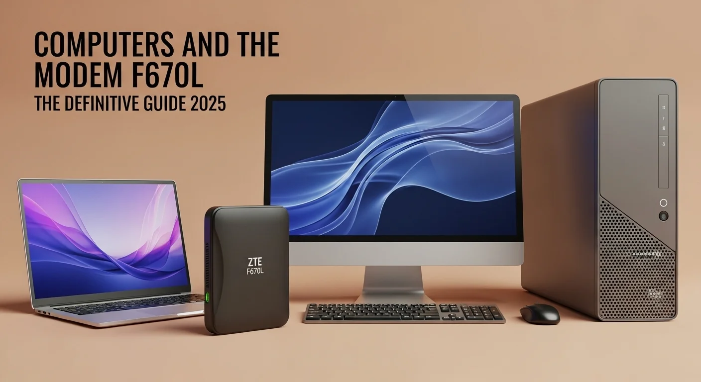 Una imagen mostrando el modem ZTE F670L junto a una laptop moderna y una computadora de escritorio, simbolizando la conexión entre el hardware de red y los equipos de cómputo.