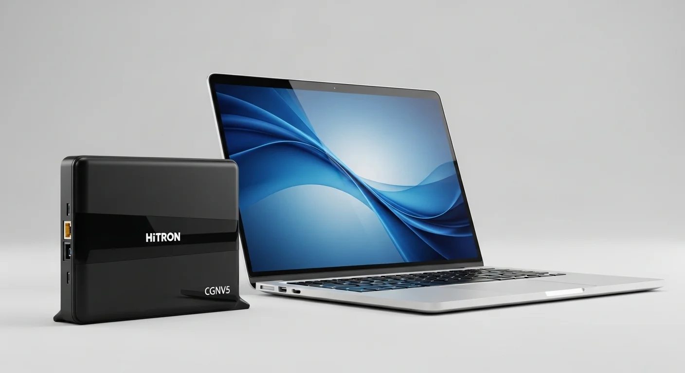 Un modem Hitron CGNV5 negro junto a una laptop moderna, simbolizando la conexión de alta velocidad para computadoras.