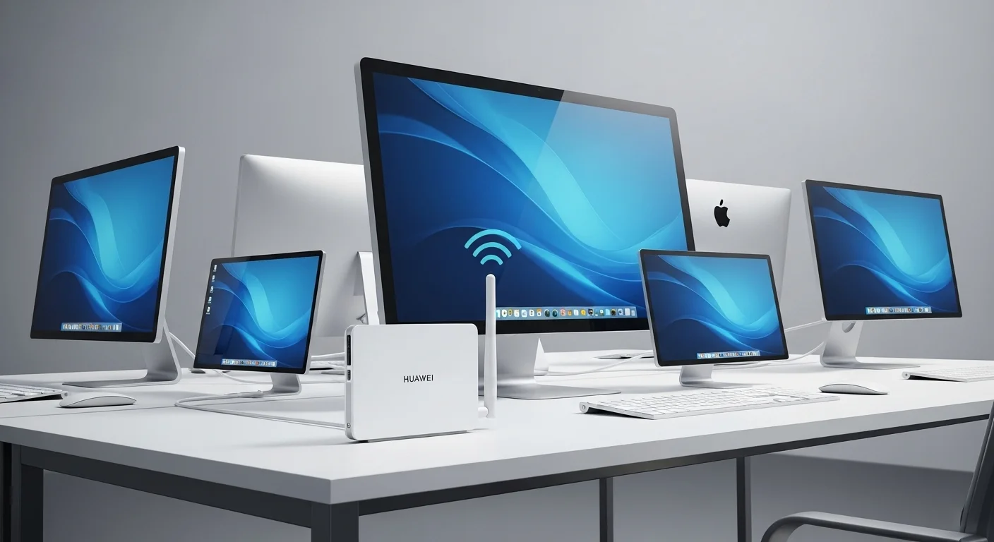 Moderno modem wifi huawei blanco con tecnología Wi-Fi 6 en un escritorio de oficina junto a varias computadoras, simbolizando alta velocidad y conectividad.