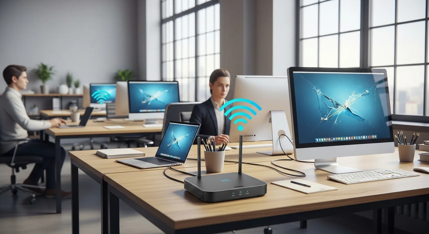 Modem inalámbrico wifi de última generación proporcionando internet a varias computadoras y laptops en una oficina moderna