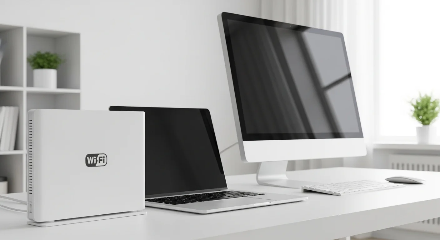 Un moderno modem internet wifi de color blanco junto a una laptop y una computadora de escritorio, simbolizando la conectividad en el hogar y la oficina.