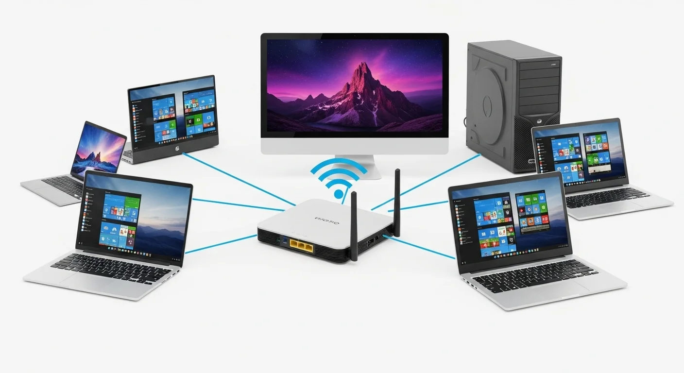 Varias computadoras y laptops conectadas a un moderno modem de internet inalambrico, simbolizando la conectividad de alta velocidad.