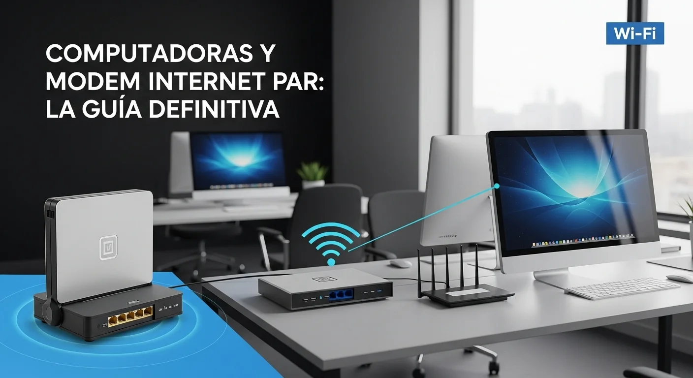 Una configuración moderna de oficina con un modem internet par, un router Wi-Fi y varias computadoras conectadas, ilustrando la importancia de la conectividad.