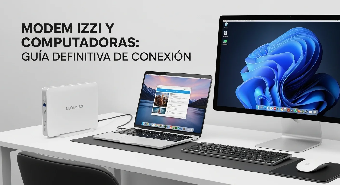 Modem Izzi blanco sobre un escritorio moderno junto a una laptop, un monitor y otros accesorios de computadoras, simbolizando una conexión de alta velocidad.