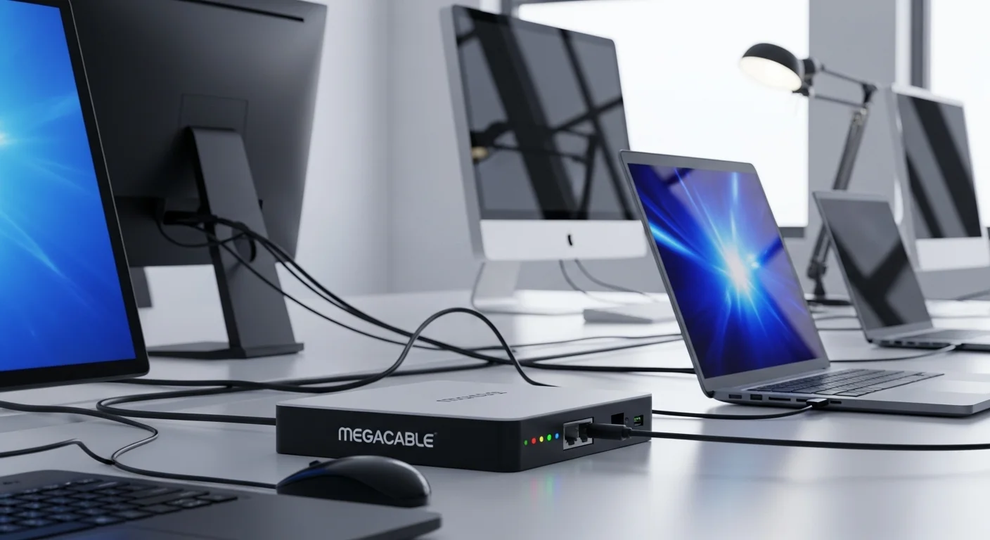 Un modem Megacable de fibra óptica con luces encendidas, conectado por cable a varias computadoras y laptops en un entorno de oficina moderno y tecnológico.