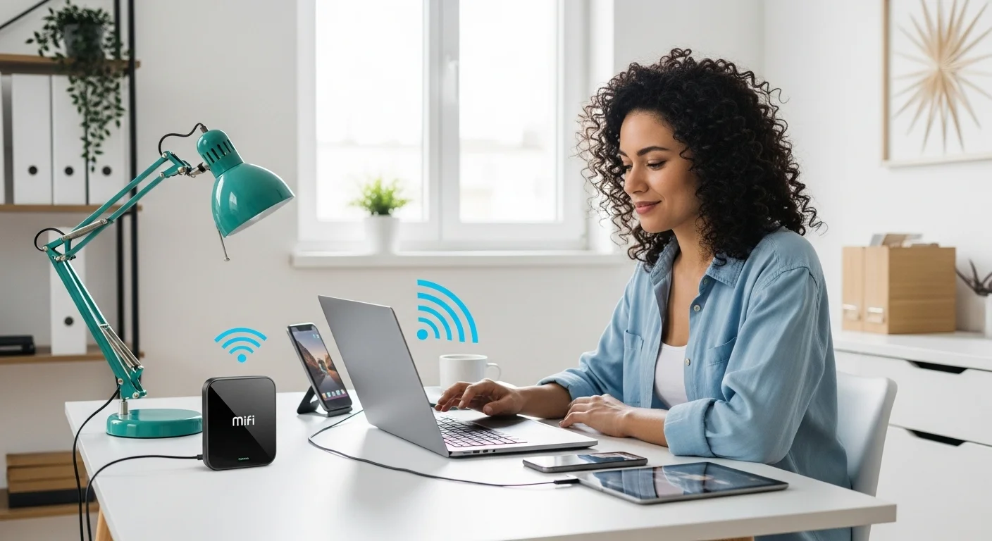 Una persona utilizando un modem Mifi para conectar su laptop y otros dispositivos a internet en un entorno de trabajo flexible, mostrando la portabilidad y conveniencia para las computadoras.