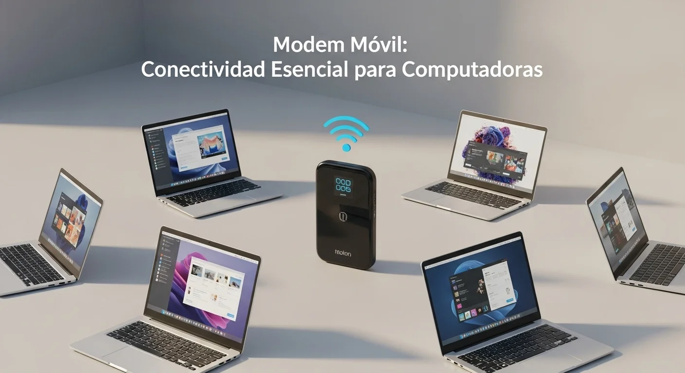 Un modem movil moderno junto a varias computadoras portátiles, mostrando la conectividad inalámbrica en un entorno de trabajo flexible.