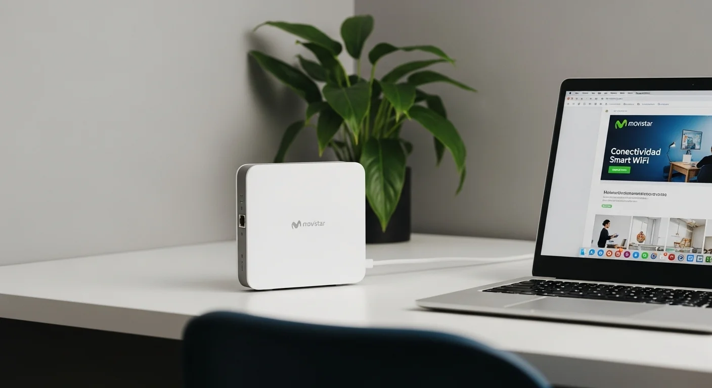 Moderno Modem Smart WiFi de Movistar blanco sobre un escritorio de oficina junto a una laptop y una planta, representando la conectividad para computadoras.