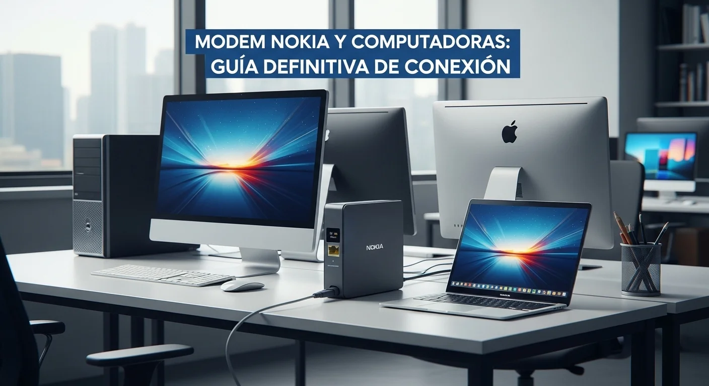 Un modem Nokia de fibra óptica en un escritorio de oficina moderno junto a varias computadoras y una laptop, simbolizando la conectividad de alta velocidad.