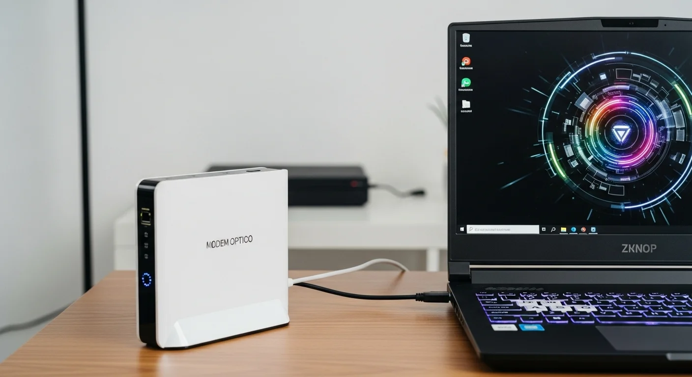 Un moderno modem optico de color blanco conectado a una computadora portátil, simbolizando la alta velocidad de la fibra óptica y la tecnología.