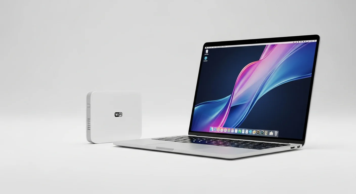 Un moderno modem para wifi de color blanco junto a una laptop, simbolizando la conexión a internet para computadoras y la importancia de la tecnología.