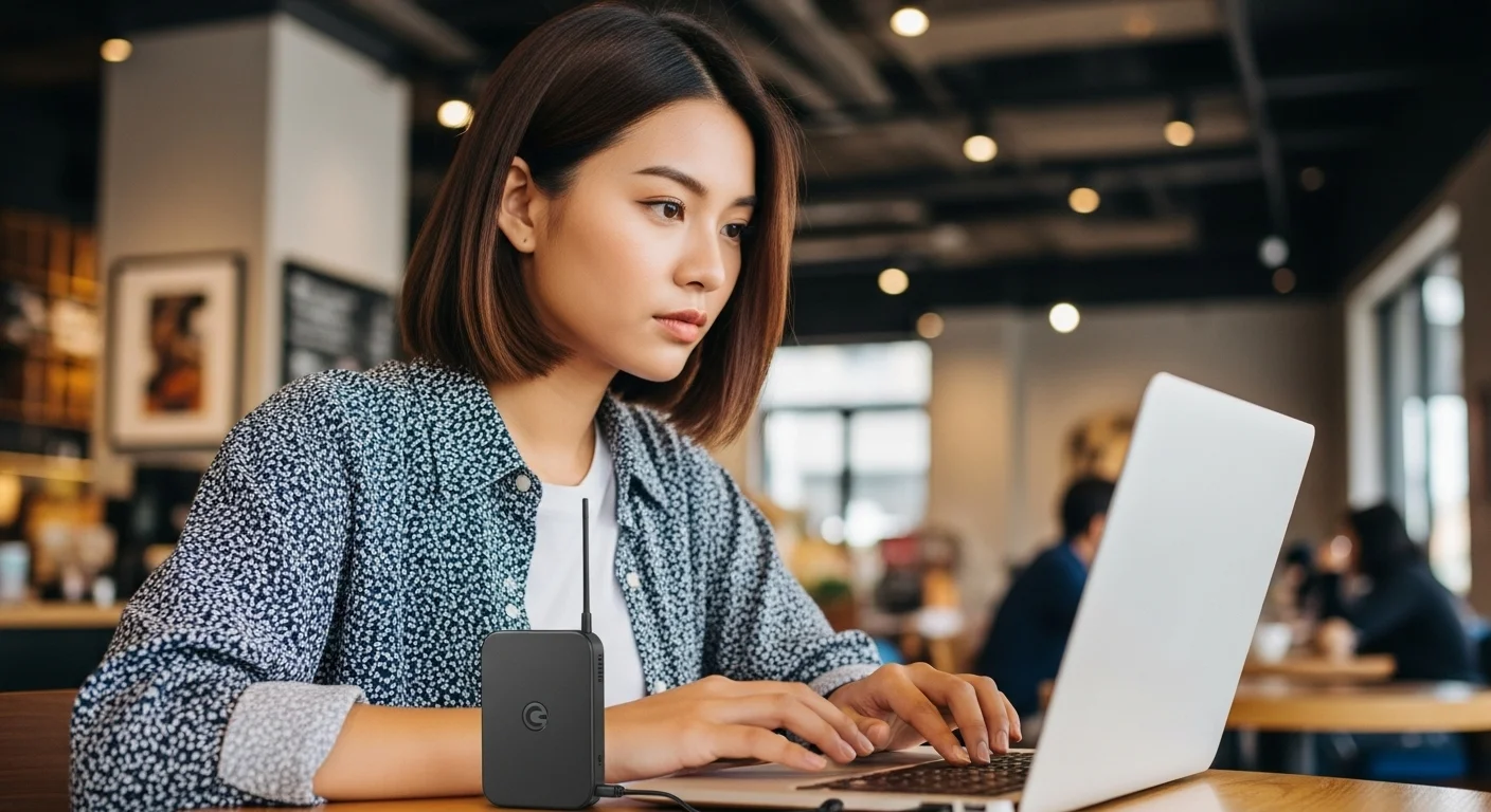 Una persona usando un módem portátil para conectar su laptop a internet en un café, demostrando la conectividad para computadoras.