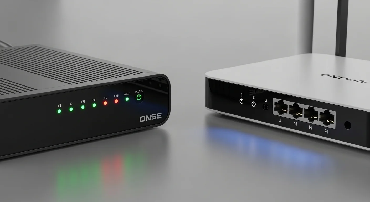 Un módem de cable y un router Wi-Fi de alto rendimiento con luces indicadoras encendidas, representando el hardware esencial para el Cable Internet.