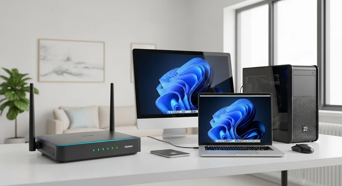 Un moderno modem router con luces indicadoras LED encendidas, situado junto a una laptop y una computadora de escritorio, simbolizando la conexión a internet en el hogar y la oficina.
