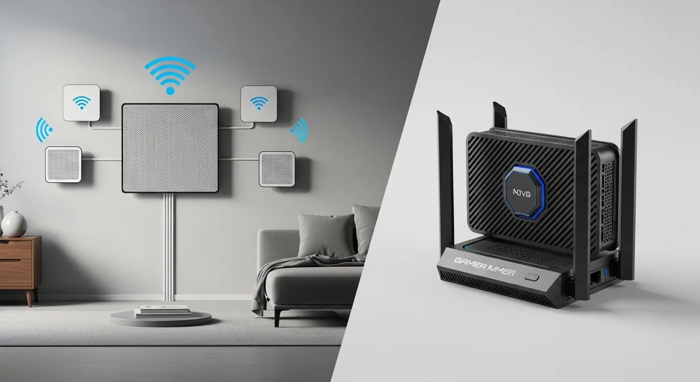 Composición de imágenes mostrando un sistema modem router mesh con sus nodos distribuidos y un modem router gaming de diseño agresivo, representando las soluciones de red especializadas.