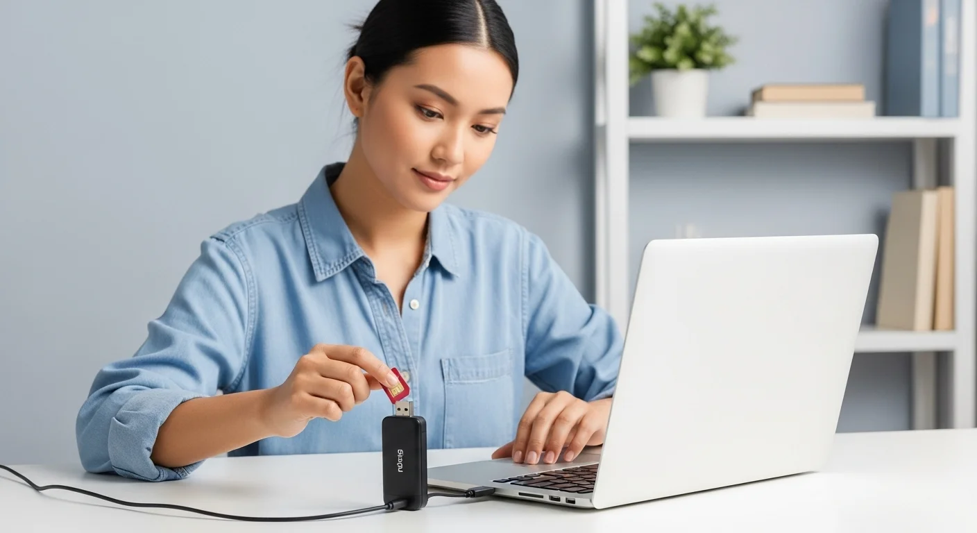 Una persona insertando una Sim Card en un modem USB conectado a una computadora portátil, simbolizando la conectividad móvil.