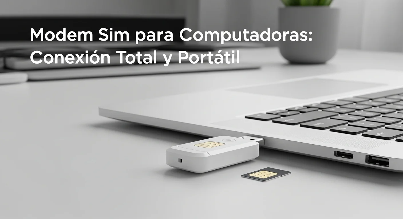 Un modem usb sim blanco conectado al puerto de una computadora portátil, con una tarjeta SIM visible al lado, sobre un escritorio de oficina moderno