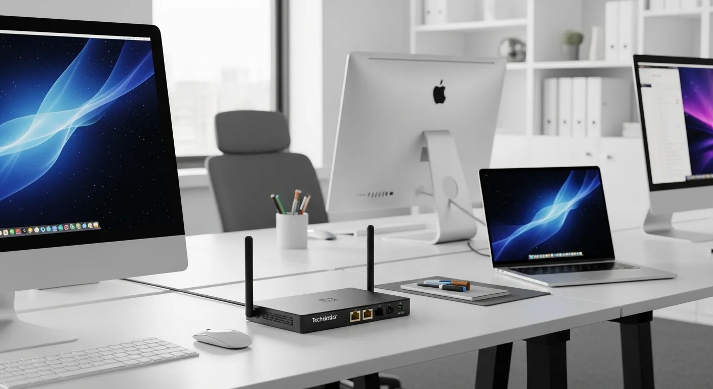 Un modem Technicolor en un escritorio moderno junto a varias computadoras y laptops, simbolizando la conectividad y la tecnología en la oficina.