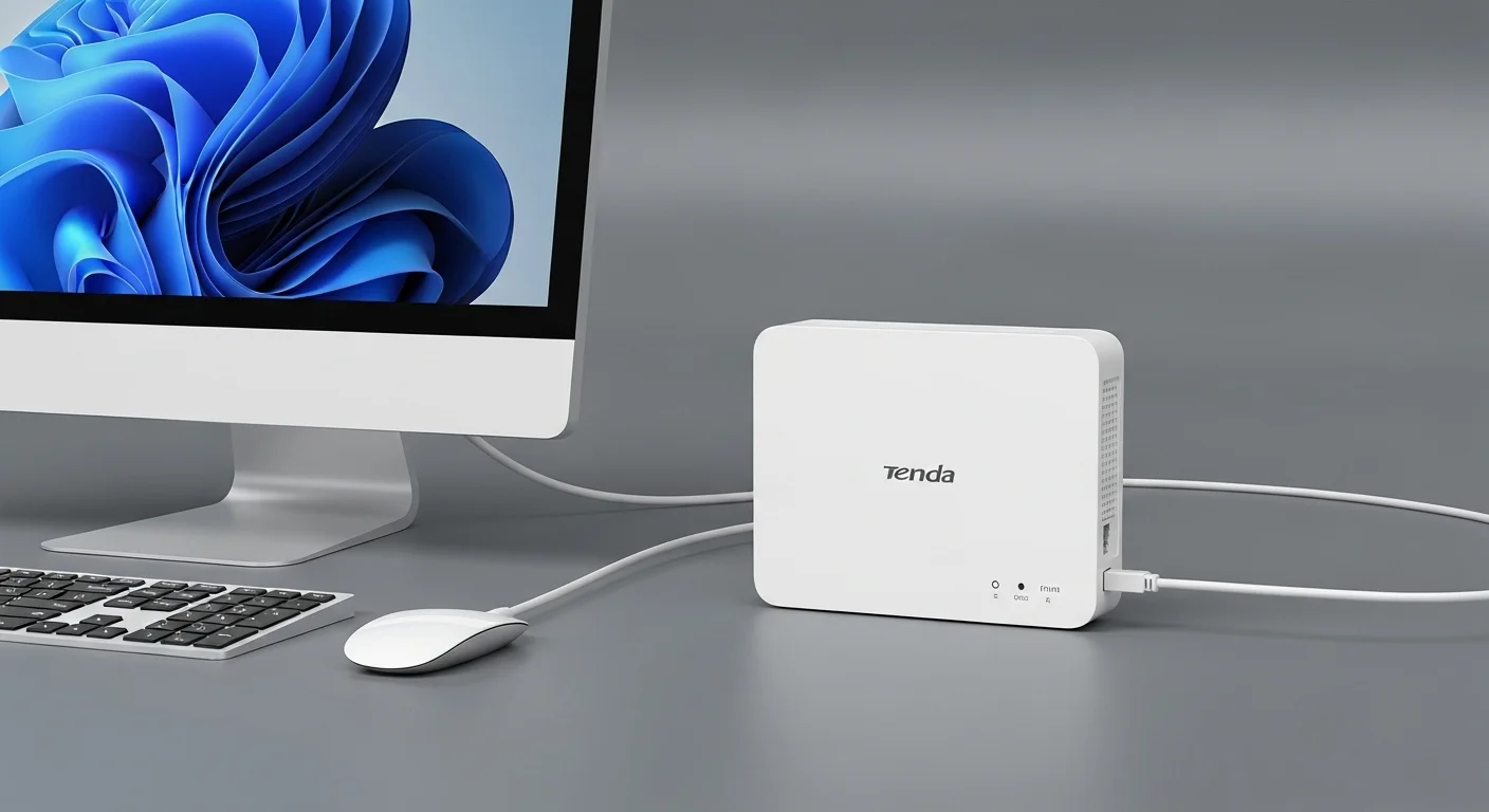 Un modem Tenda blanco conectado a una computadora de escritorio moderna, simbolizando la conectividad y el rendimiento en el hogar y la oficina.