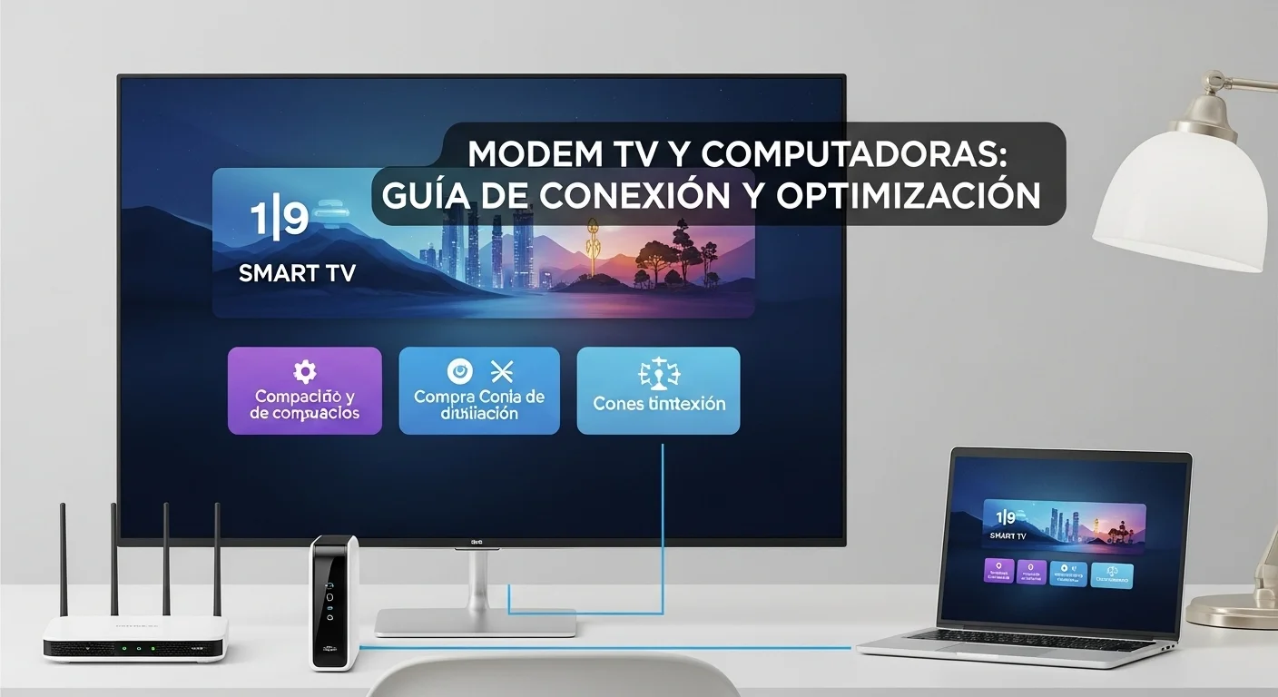 Una configuración moderna de oficina en casa con un Smart TV mostrando gráficos, conectado a un router y un módem de alta velocidad, con una laptop al lado.