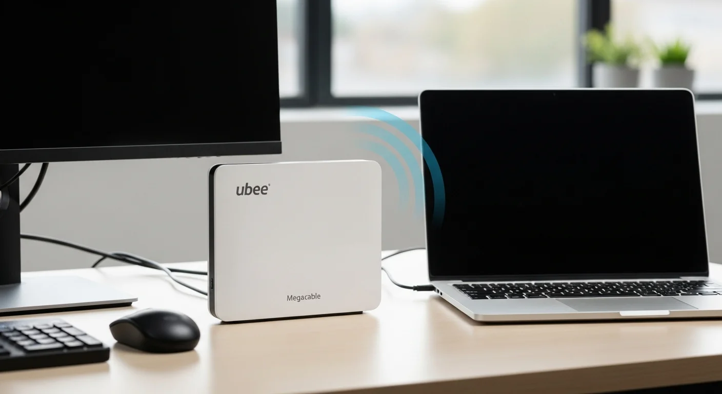Módem Ubee blanco de Megacable sobre un escritorio de oficina moderno junto a una laptop y una pantalla, mostrando la conexión de computadoras a ubee internet.