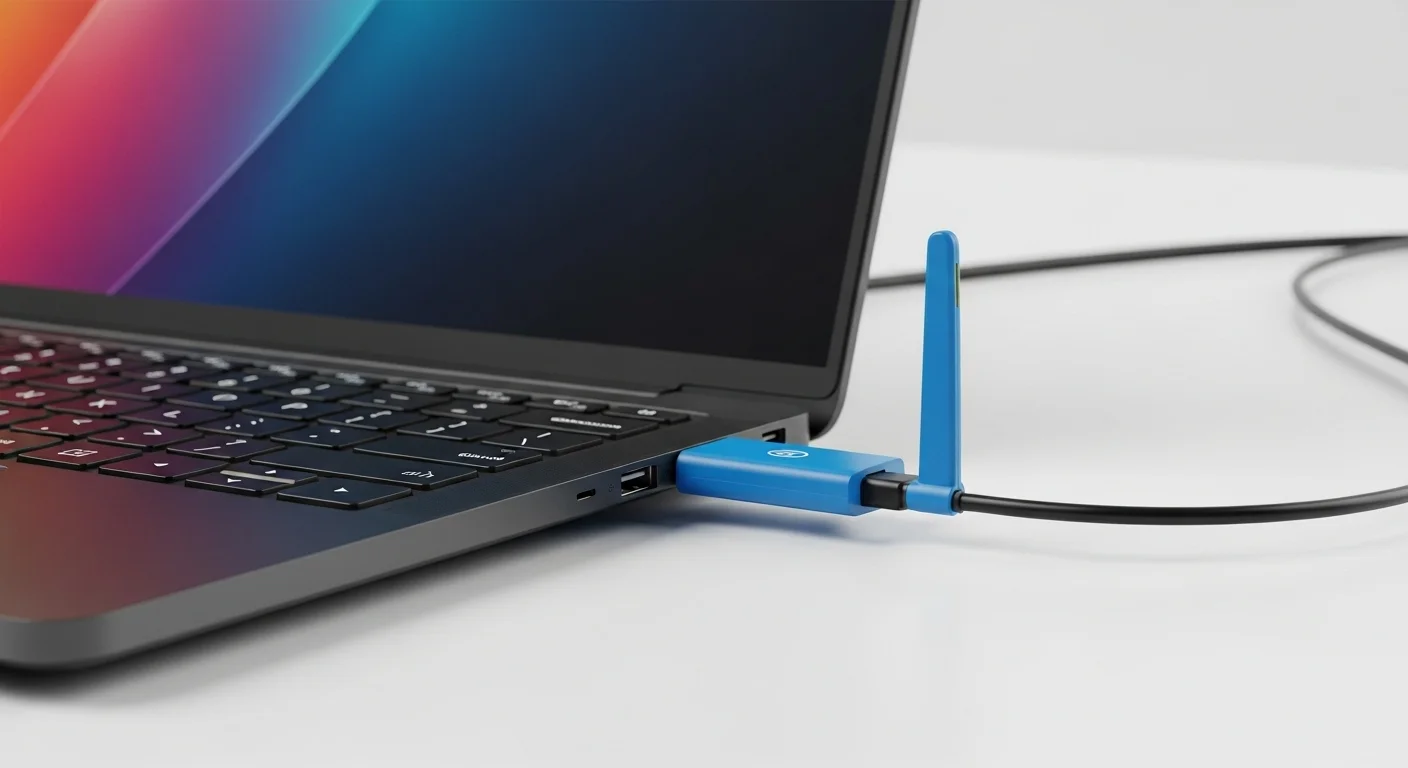 Modem USB conectado al puerto de una laptop para acceso a internet, mostrando la portabilidad para computadoras.