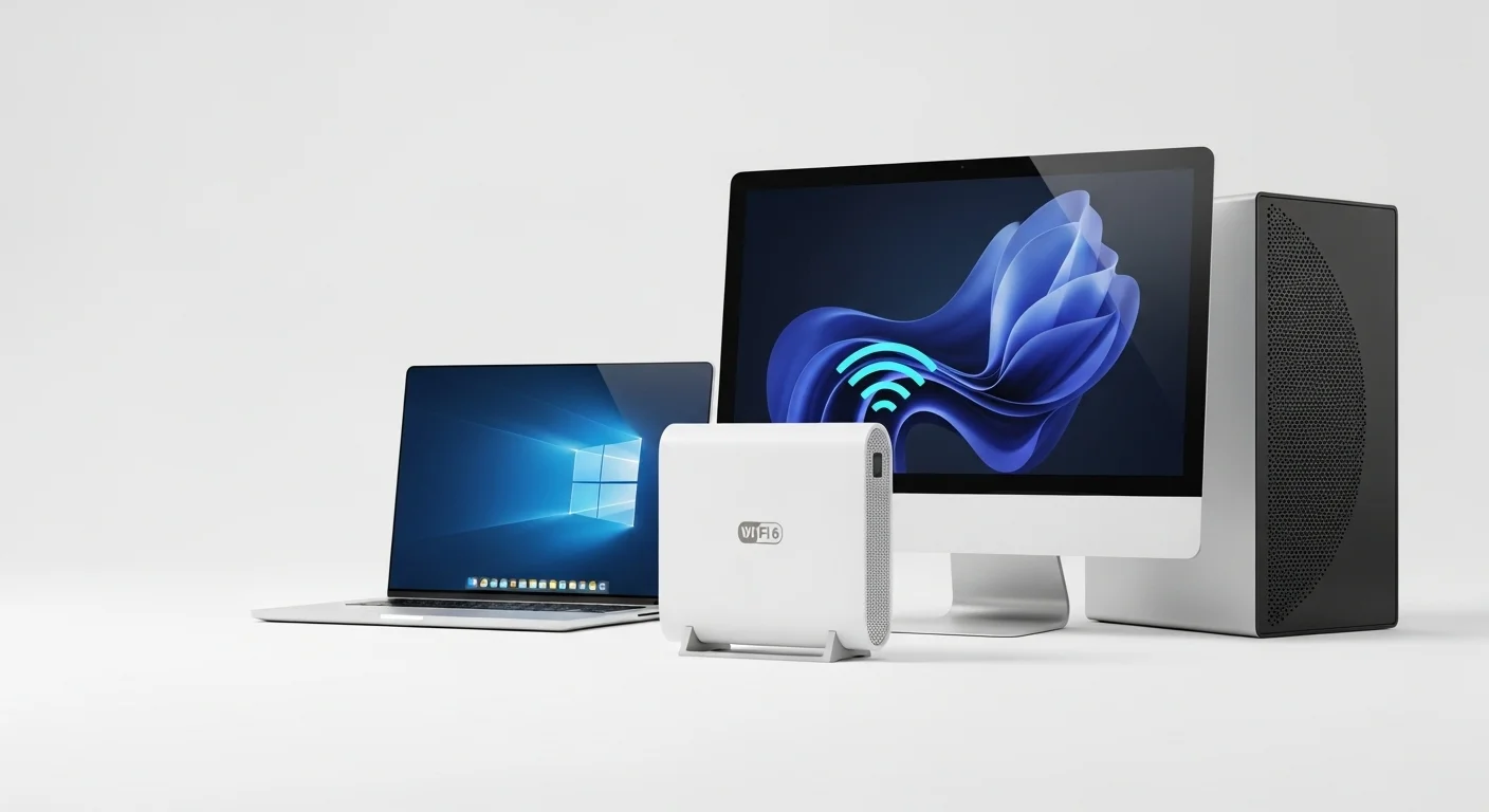 Moderno modem wifi 6 de color blanco junto a una laptop y una computadora de escritorio, simbolizando alta velocidad de conexión a internet para computadoras.