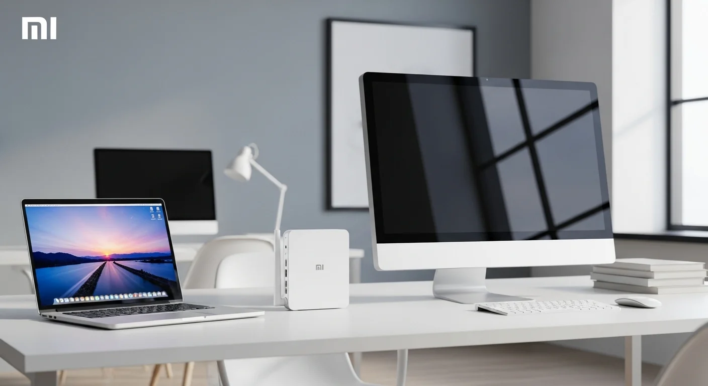 Un moderno modem Xiaomi blanco junto a una laptop y una computadora de escritorio en un entorno de oficina, simbolizando la conectividad de alta velocidad para equipos de cómputo.