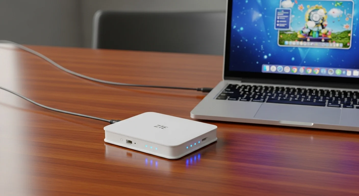 Un modem ZTE blanco sobre un escritorio moderno, con cables conectados a una laptop y con indicadores LED de conexión a internet encendidos, representando la conectividad para computadoras.