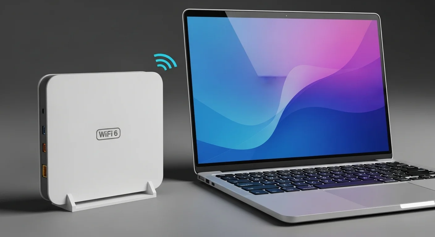 Un modem PC WiFi 6 moderno de color blanco junto a una laptop, simbolizando la conexión a internet para computadoras.