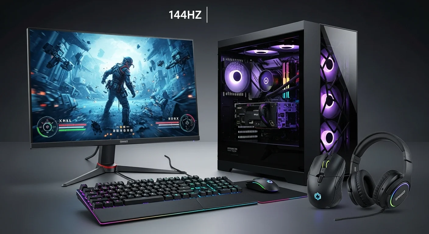Monitor de 144hz iluminado mostrando un videojuego de acción, junto a una computadora potente y accesorios gaming.