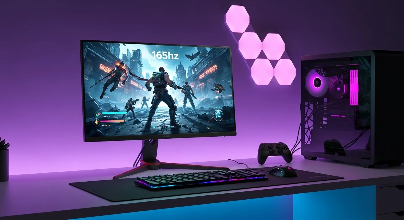 Un moderno monitor de 165hz para computadoras mostrando un vibrante escenario de un videojuego en un escritorio de gaming con iluminación RGB.
