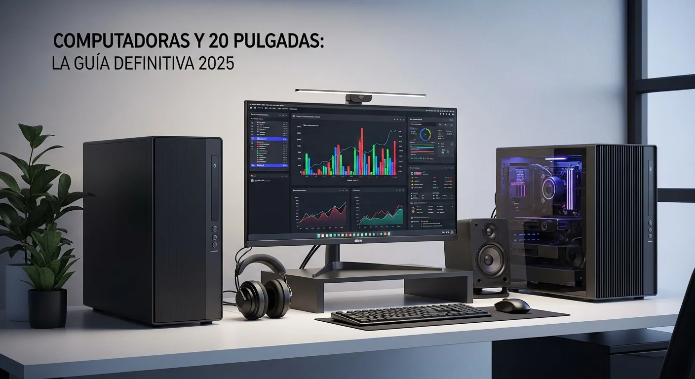 Un moderno puesto de trabajo con dos computadoras y un monitor de 20 pulgadas mostrando gráficos de datos, junto a una bocina compacta.