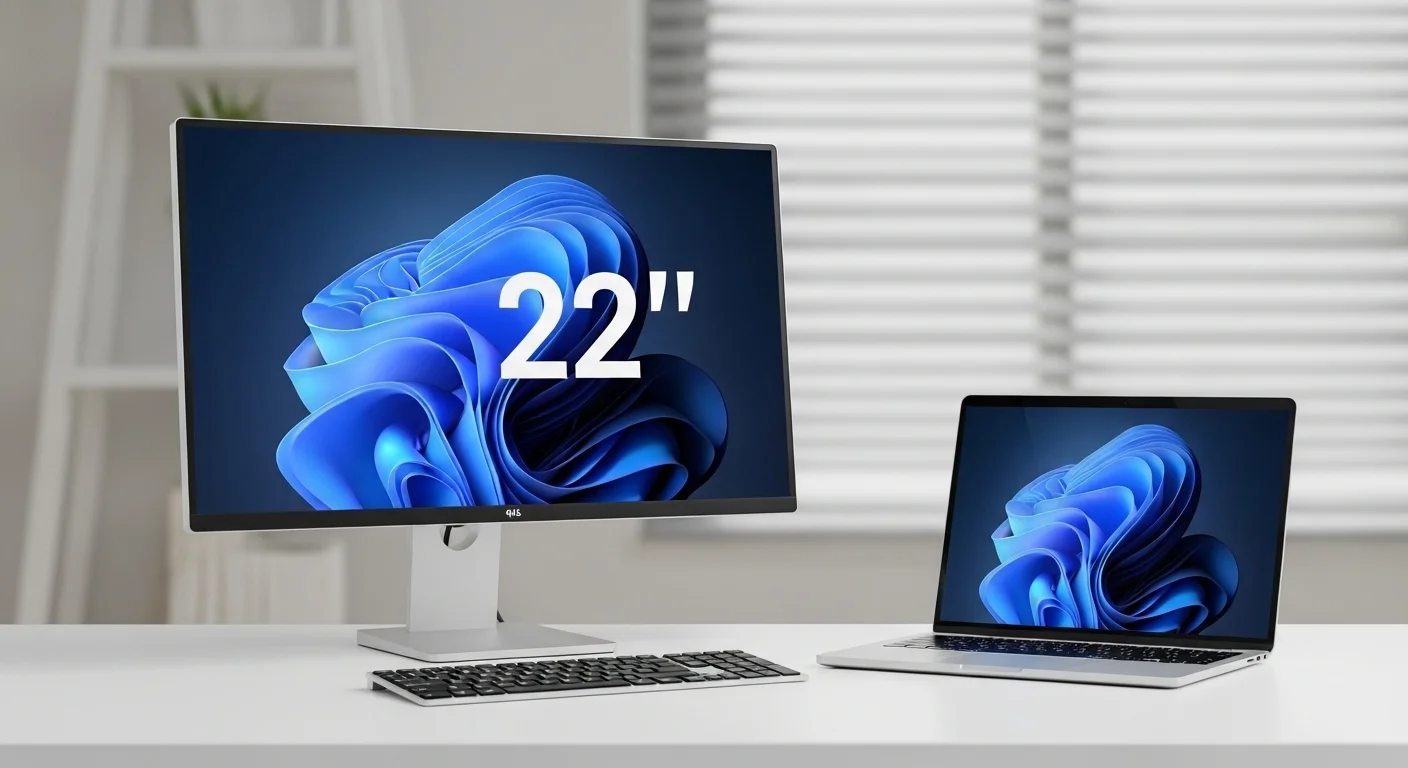 Monitor 22 pulgadas en un escritorio moderno junto a una laptop, mostrando un espacio de trabajo eficiente para computadoras.