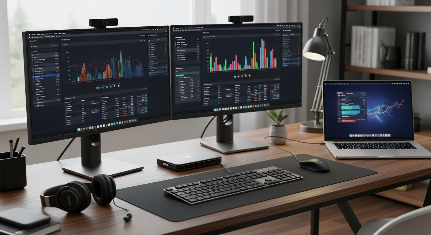 Un moderno setup de oficina con dos monitores de 23.8 pulgadas mostrando gráficos, con una laptop y accesorios de computadora sobre un escritorio de madera.