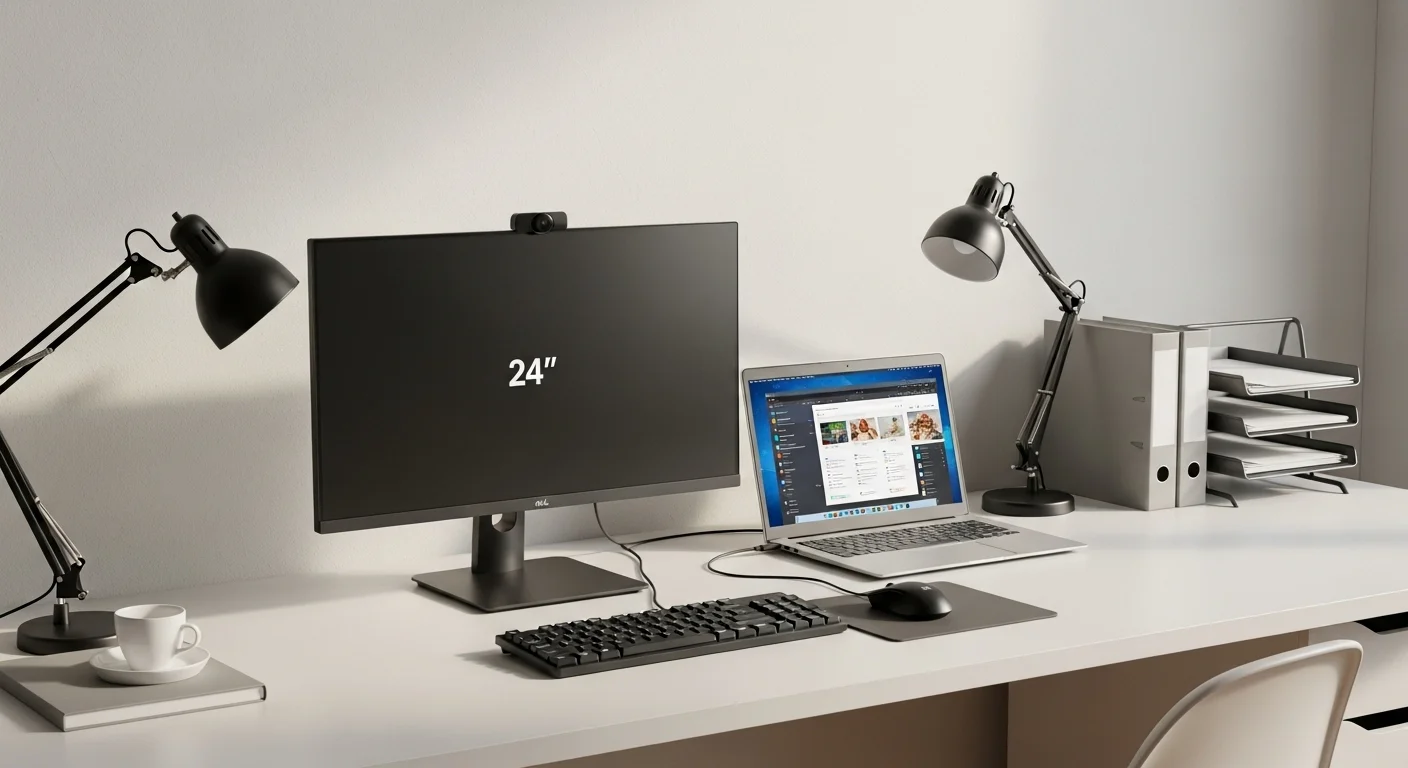 Moderno setup de oficina con un monitor 24 pulg para computadoras y una laptop conectada, mostrando un espacio de trabajo productivo.