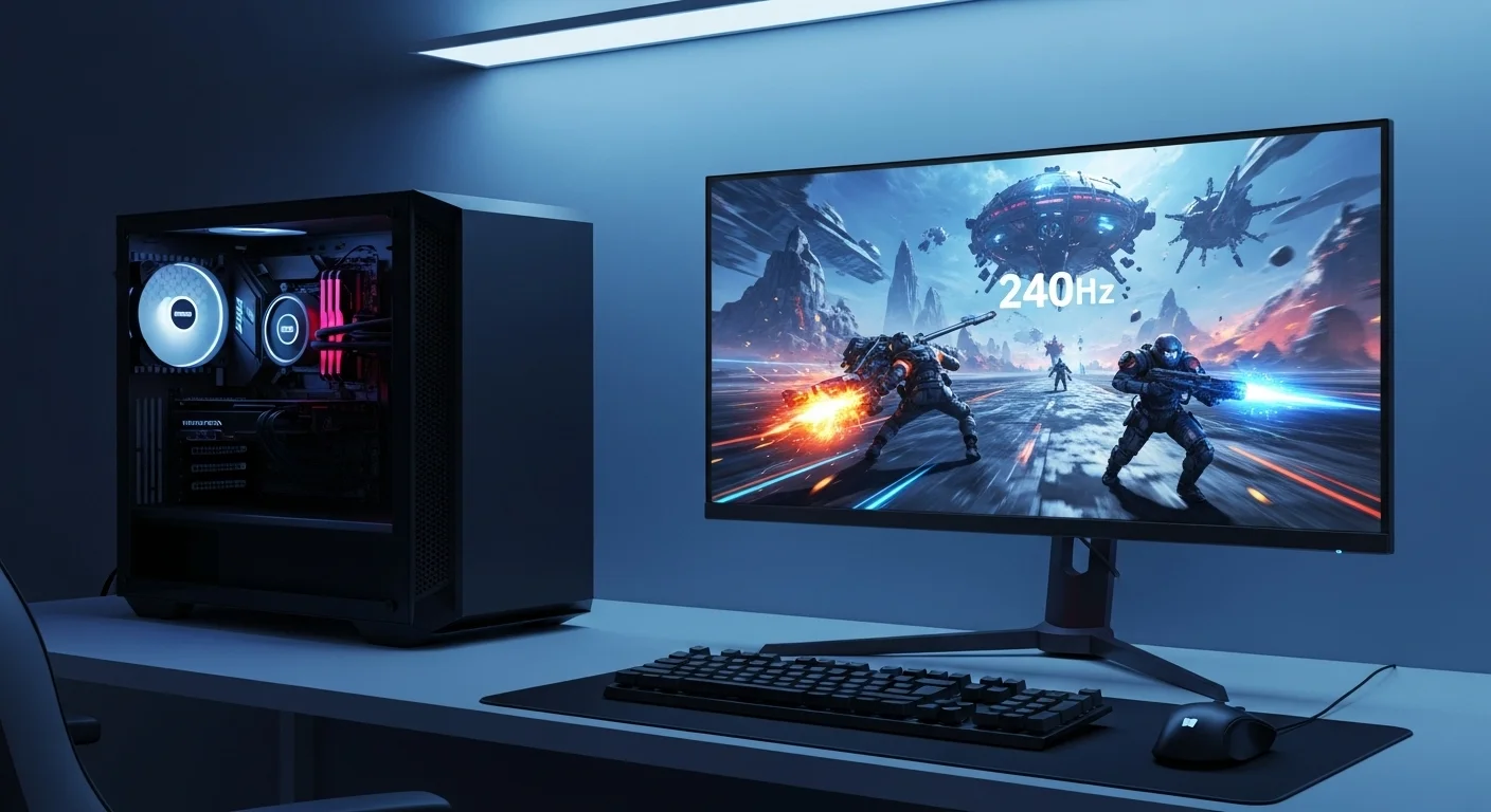 Un setup de computadoras de alto rendimiento con un monitor 240hz mostrando una escena de acción de un videojuego con gran fluidez.