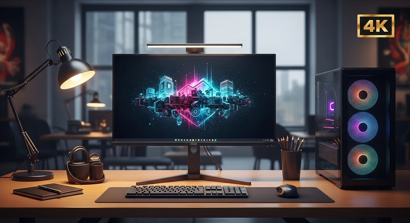Un moderno escritorio de oficina con una configuración de computadora y un monitor 27 4k mostrando un gráfico de diseño nítido.