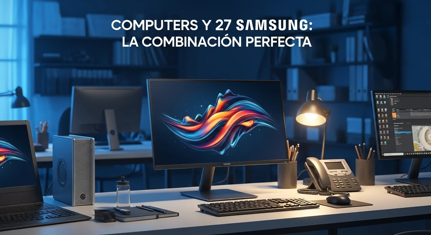 Un moderno monitor 27 Samsung sin bordes mostrando gráficos coloridos sobre un escritorio junto a varias computadoras y accesorios de oficina, destacando la tecnología y productividad.