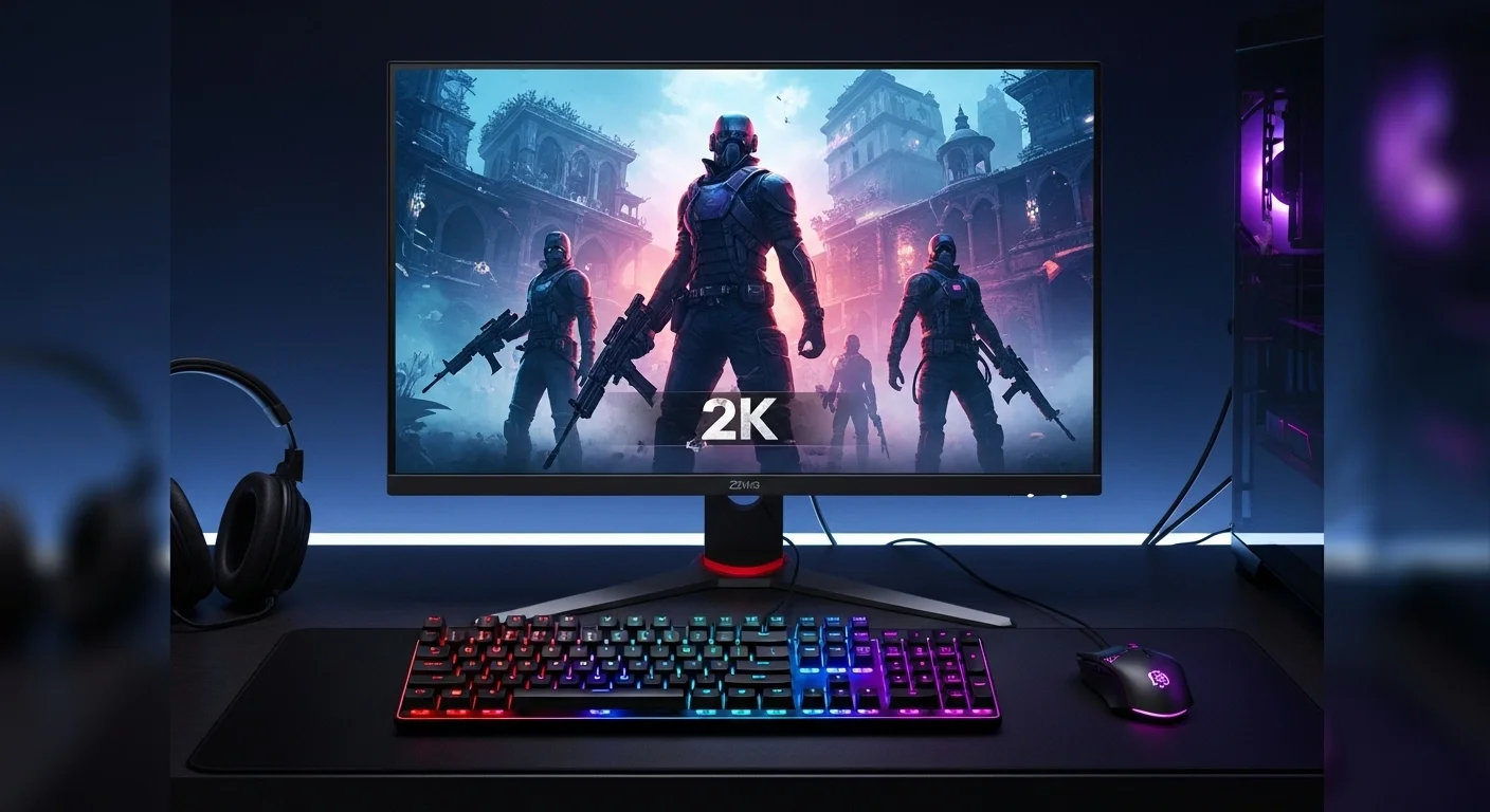 Setup de computadoras con un monitor 2k iluminado mostrando un videojuego, con teclado y ratón RGB a juego.