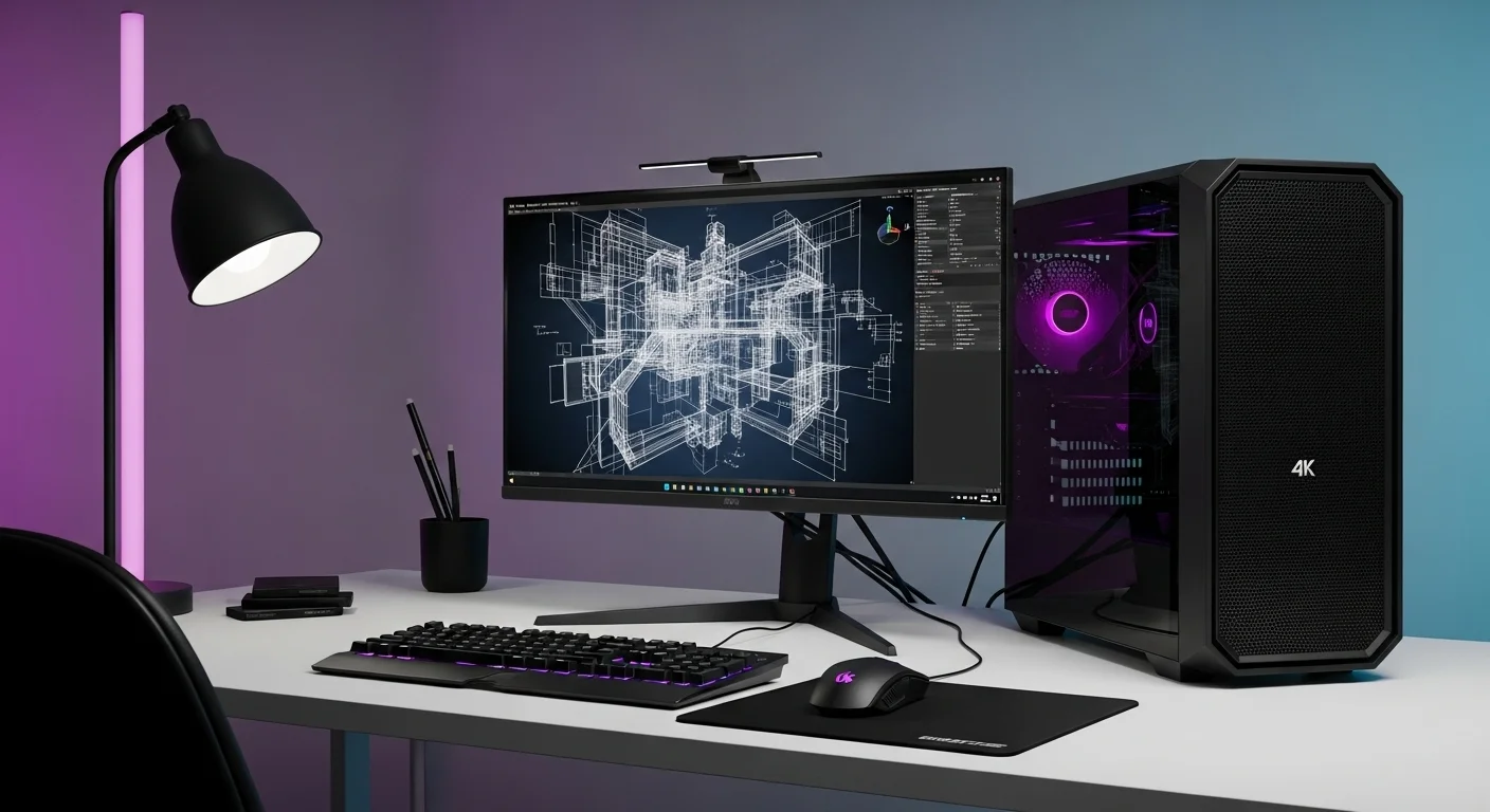Setup de una computadora de alto rendimiento con un monitor 32 4k, mostrando gráficos detallados de diseño.
