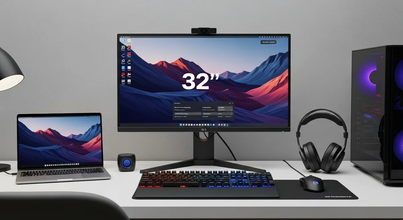 Un moderno setup de computadoras con un monitor de 32 pulgadas mostrando gráficos vibrantes, rodeado de accesorios tecnológicos.