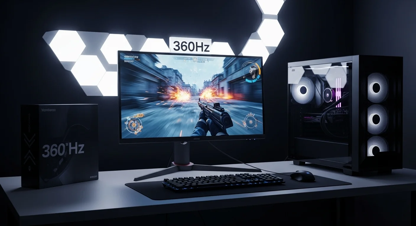 Un setup de computadoras de alta gama con un monitor 360hz mostrando un juego de disparos en primera persona, destacando la fluidez y velocidad.