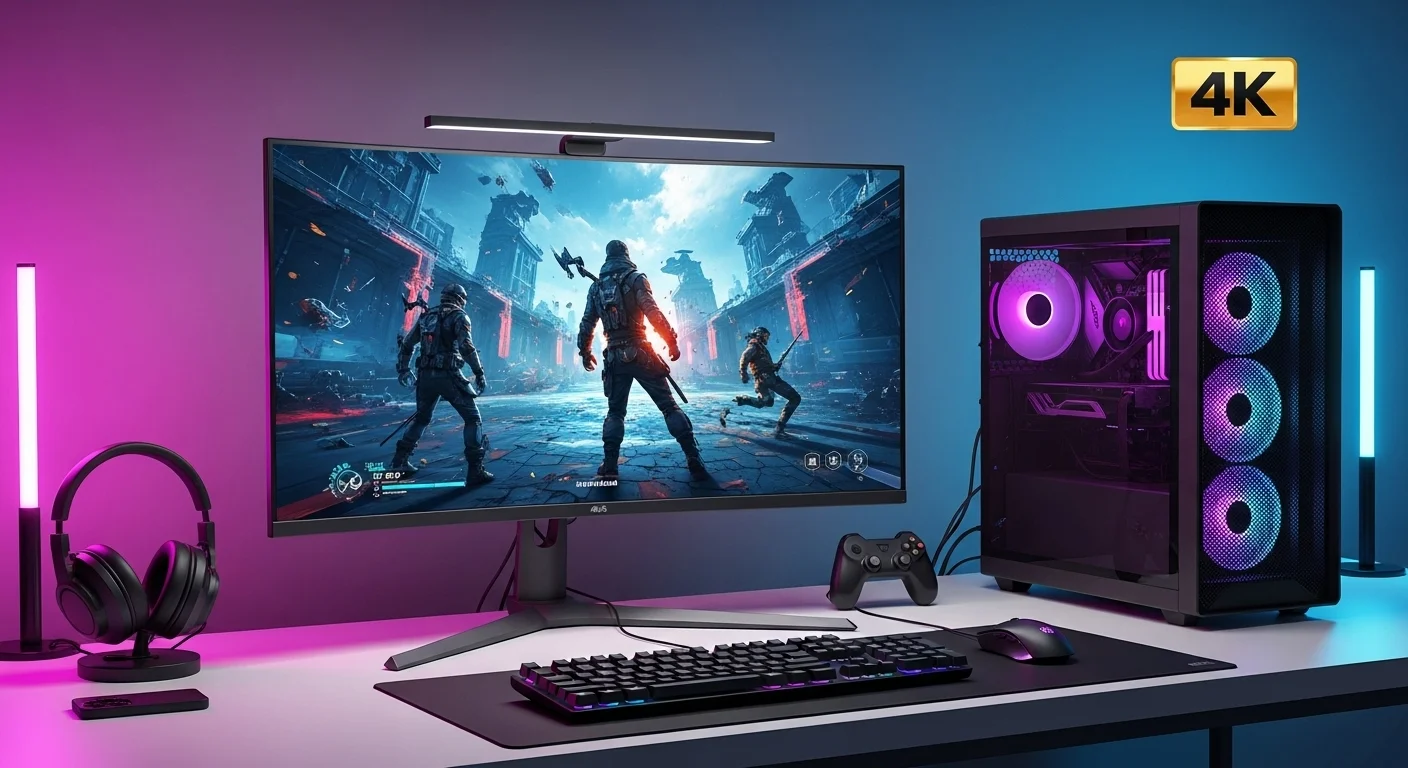Escritorio con setup de computadoras y un monitor 4k mostrando un videojuego con gráficos vibrantes