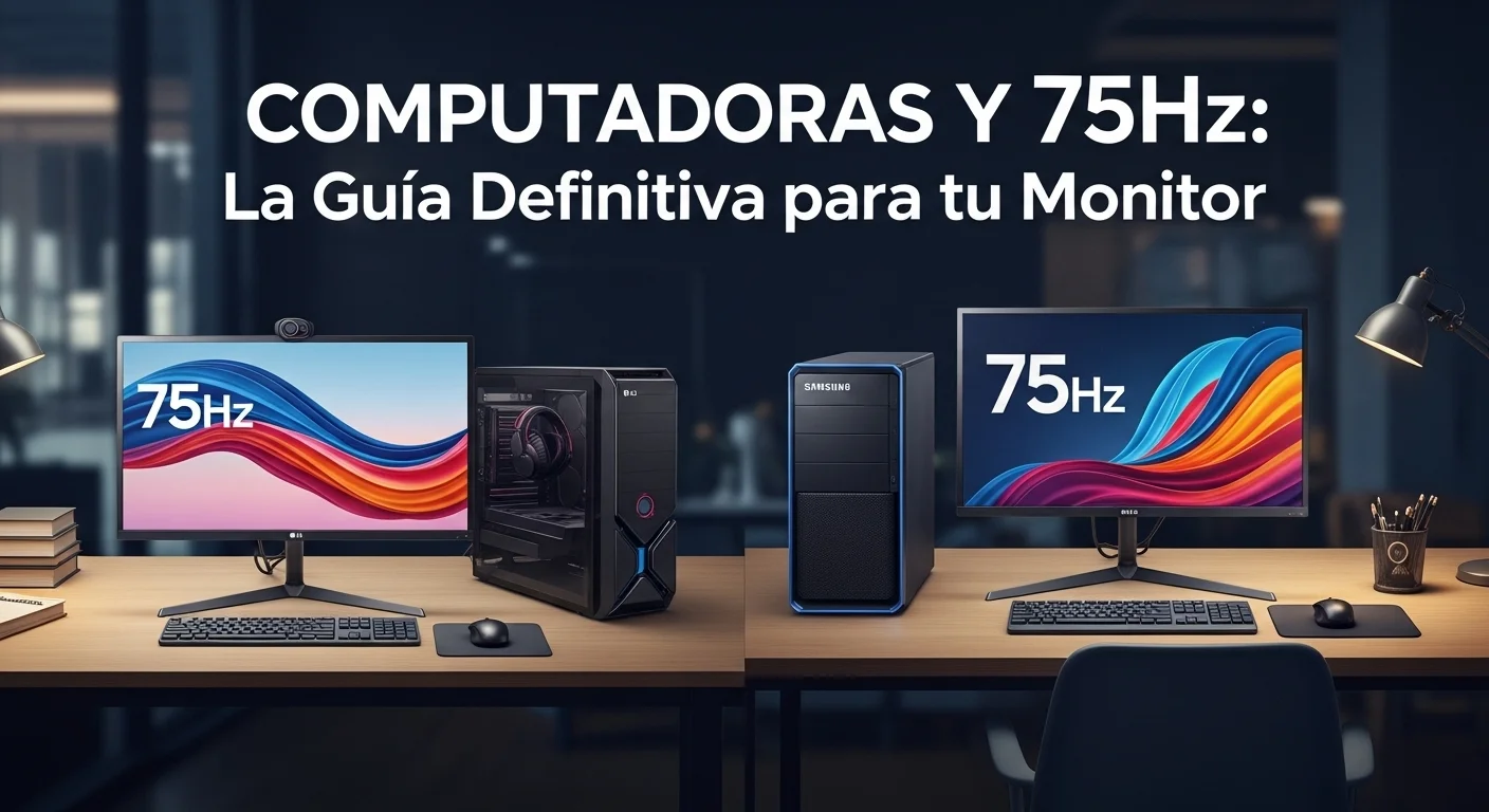 Un moderno escritorio de oficina con dos computadoras, cada una con un monitor de 75Hz que muestra gráficos fluidos, uno de marca LG y otro Samsung.