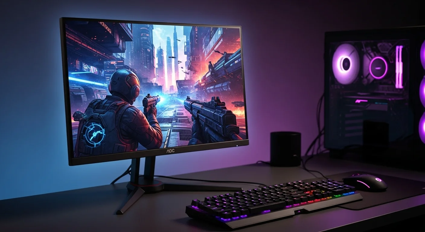 Setup de computadoras gaming con un monitor AOC iluminado, mostrando gráficos vibrantes en pantalla.