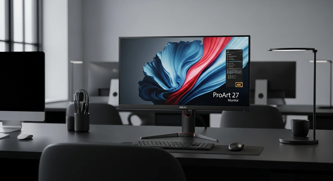 Un monitor Asus ProArt 27 4K mostrando una imagen de alta resolución en un escritorio de trabajo profesional junto a varias computadoras.