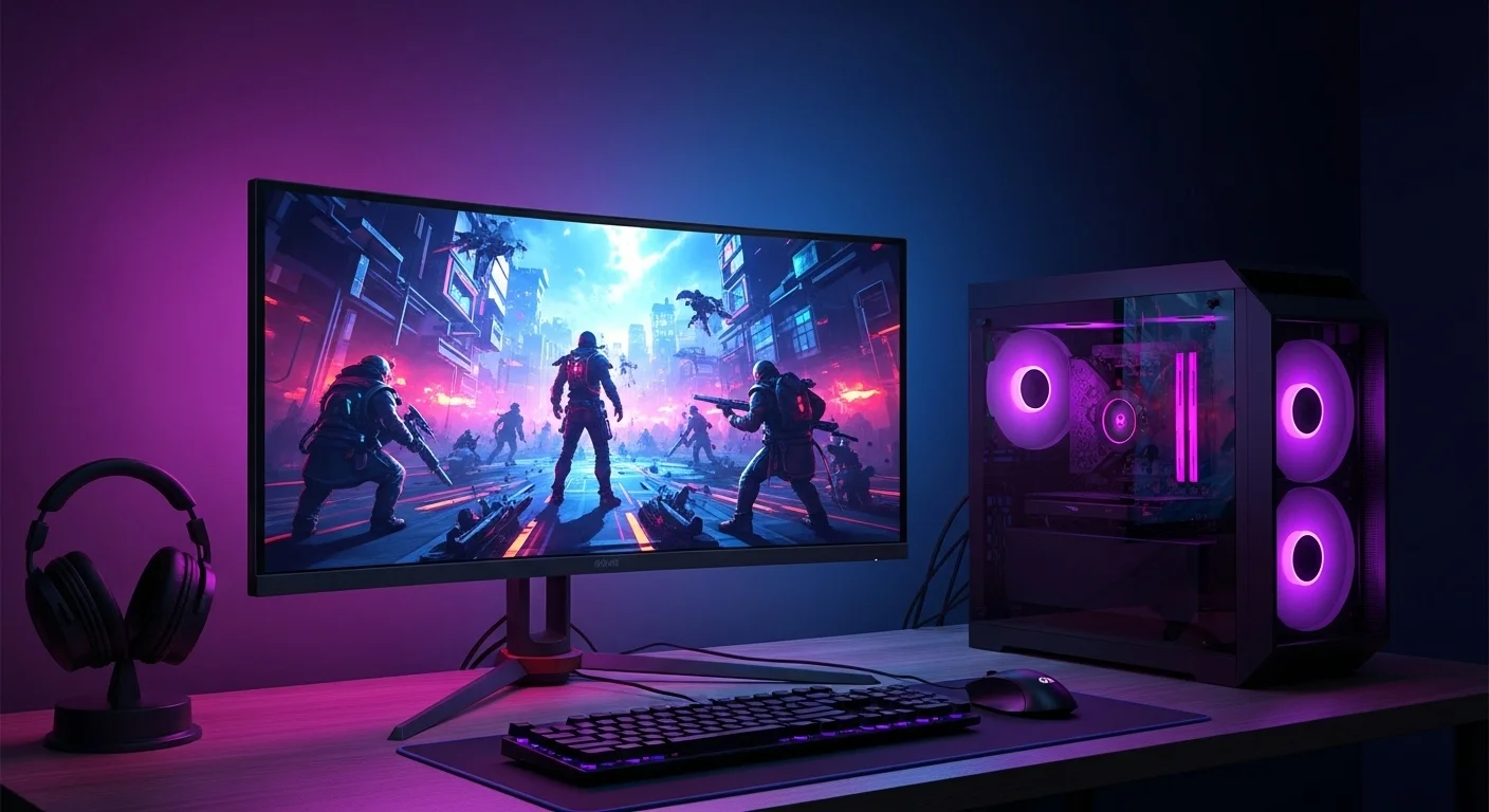 Un setup de computadoras con un monitor curvo gaming iluminado, mostrando un videojuego vibrante y lleno de acción, destacando la inmersión.